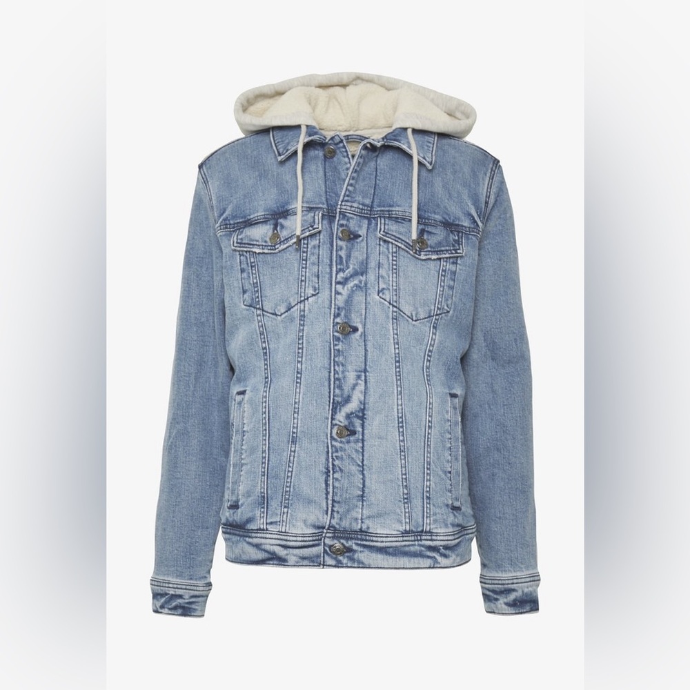Hollister Men's Sherpa Lining Denim Trucker Hooded Jean Button up Pocket Jacket